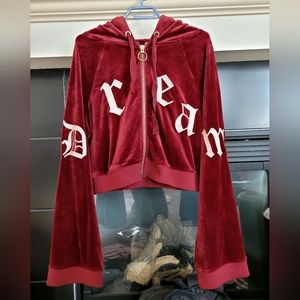 Fashion Nova Cranberry Velour cropped Zip Up DREAM Hoodie,Bell Sleeves, Size XL